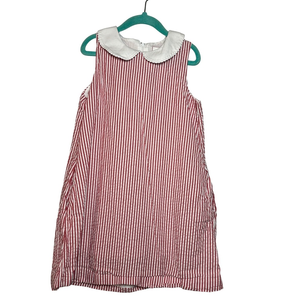 Classic Prep Girls Red White Seersucker Striped Peter Pan Collar Dress Size 7